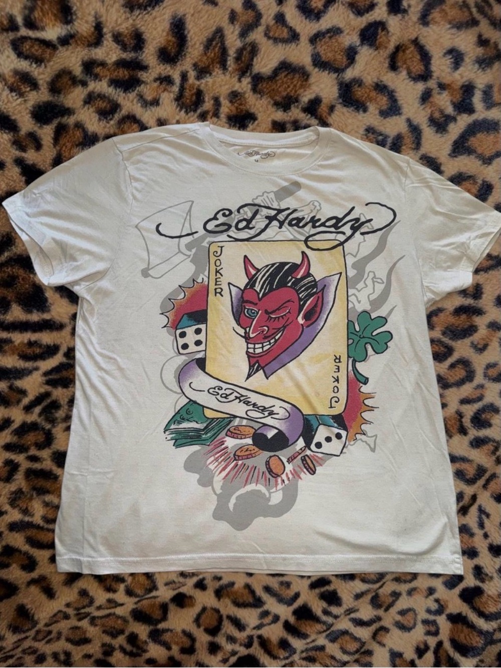 Ed Hardy White Short Sleeve Tee with Colorful Joker Graphic